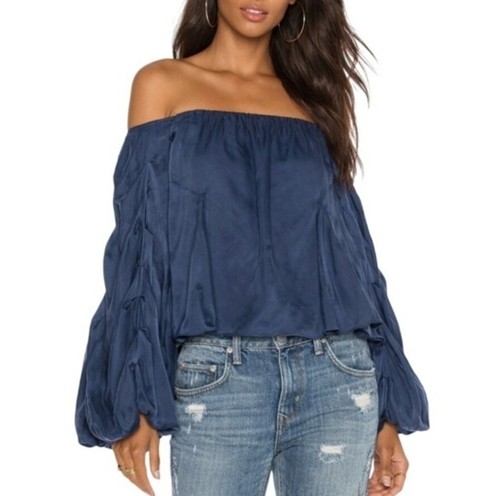 Lovers & Friends Cottagecore Blue Satin Ruched Draping Balloon Sleeve Blouse